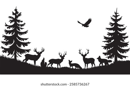 Wildlife Forest Silhouette with Deer, Foxes, and Eagle