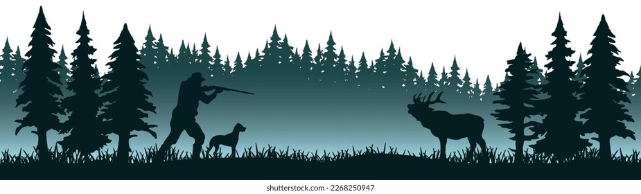 Wildlife forest woods misty fog landscape hunt hobby background banner illustration vector for logo - Silhouette of hunter and dog hunting, deer and forest trees fir, isolated on white background