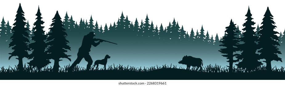 Wildlife forest woods misty Nebellandschaft Jagd auf Hobby-Hintergrund Banner-Vektorgrafik für Logo - Silhouette der Jagd auf Jäger und Hunde, Wildschweine und Waldbäume Tanne einzeln auf weißem Hintergrund