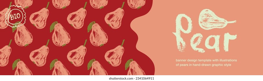 Wildlife friendly growing fruits idea. Vector fruit label template. Vegan banner, honey pear background. Drawings of green pears pattern seamless. Baby food packaging, juice, jam. Organic gardening.