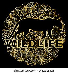 Wildlife golden print with leopard and tropical plants