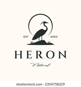 wildlife heron  vintage logo vector minimalist illustration design, heron with nature view logo design