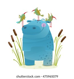 Wildlife Hippo with Cute Birds Smiling Kids Friends. Happy hippopotamus watercolor style animal in the wild. Behemoth for children cartoon illustration. Vector drawing.