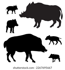 Jagd auf Wildtiere Vektorgrafik-Logo-Set - Schwarze Silhouette von Wildschweinen, Ebern, Bachelor, Ferkel, Baby, Familie einzeln auf weißem Hintergrund
