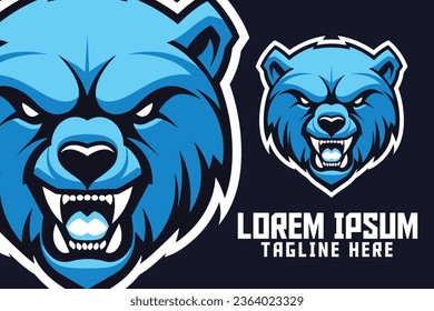 Wildlife Icon of an Aggressive Blue Bear: A Head Mascot Logo Template for Sport and Esport Badge Emblem
