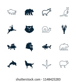 Wildlife icon. collection of 16 wildlife filled and outline icons such as crab, wolf, dolphin, hippopotamus, bear, lion, fish. editable wildlife icons for web and mobile.