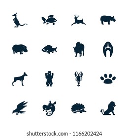 Wildlife icon. collection of 16 wildlife filled icons such as fish, lion, dog, bear, deer, hippopotamus, buffalo, paw, eagle. editable wildlife icons for web and mobile.