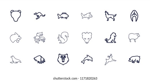 Wildlife icon. collection of 18 wildlife outline icons such as fish, bear, lion, buffalo, pig, cangaroo, wolf, dolphin, panther. editable wildlife icons for web and mobile.