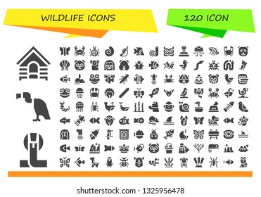 wildlife icon set. 120 filled wildlife icons.  Collection Of - Dog, Cobra, Vulture, Butterfly, Crab, Ladybug, Fossil, Hunting, Fish, Snail, Owl, Snake, Jellyfish, Ant, Panda bear