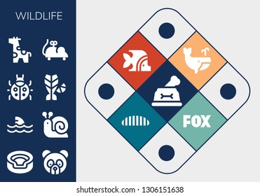 wildlife icon set. 13 filled wildlife icons.  Collection Of - Dog, Animal, Panda bear, Shark, Snail, Ladybug, Fish, Giraffe, Mouse toy, Whale, Caterpillar, Fox
