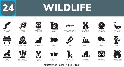 wildlife icon set. 24 filled wildlife icons.  Collection Of - Snake, Fish, Gorilla, Snail, Swordfish, Rabbit, Monkey, Whale, Buck, Troglodyte, Sea lion, Fins, Canyon, Rat, Dog