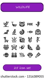 wildlife icon set. 25 filled wildlife icons.  Simple modern icons about  - Seagull, Whale, Panda, Fox, Sea lion, Bird, Fossil, Fish, Sloth, Giraffe, Seaweed, Snail, Dog, Parrot