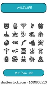 wildlife icon set. 25 filled wildlife icons.  Simple modern icons such as: Panda bear, Fish, Coral, Parrot, Butterfly, Rat, Ladybug, Dog, Fossil, Snake, Dragonfly, Fishing line