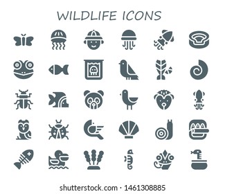 wildlife icon set. 30 filled wildlife icons.  Simple modern icons about  - Moth, Jellyfish, Hunter, Squid, Animal, Frog, Fish, Creature, Bird, Fossil, Beetle, Panda bear, Hedgehog
