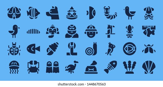 wildlife icon set. 32 filled wildlife icons. on blue background style Collection Of - Hamster, Seagull, Ladybug, Jellyfish, Fish, Caterpillar, Crab, Dog, Elephant, Seashell, Fins