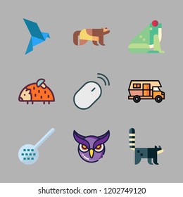 wildlife icon set. vector set about owl, racoon, frog and caravan icons set.