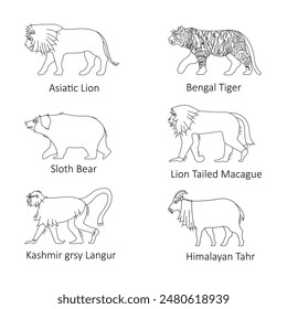 Wildlife Icons of India: Asiatic Lion, Bengal Tiger, Sloth Bear, Lion Tailed Macaque, Kashmir Grey Langur, Himalayan Tahr with editable stroke.