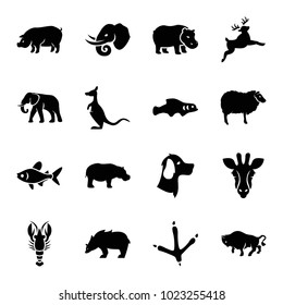 Wildlife icons. set of 16 editable filled wildlife icons such as giraffe, footprint of  icobird, elephant, sheep, buffalo, pig, hippopotamus, extinct fish, bear, crab, fish