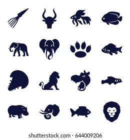 Wildlife icons set. set of 16 wildlife filled icons such as lion, hippopotamus, fish, elephant, bull, extinct sea creature, extinct fish