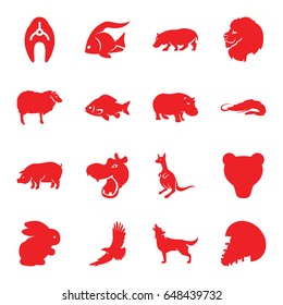 Wildlife icons set. set of 16 wildlife filled icons such as rabbit, fish, hippopotamus, lion, alligator, eagle, sheep, kangaroo, pig, wolf, extinct sea creature