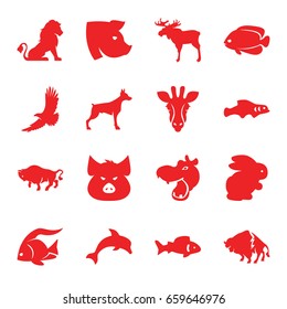 Wildlife icons set. set of 16 wildlife filled icons such as rabbit, fish, giraffe, lion, moose, hippopotamus, pig, dog, buffalo, eagle, dolphin