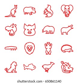 Wildlife icons set. set of 16 wildlife outline icons such as lion, hippopotamus, pig, bear, hedgehog, antelope, squirrel, cangaroo, elephant, caterpillar