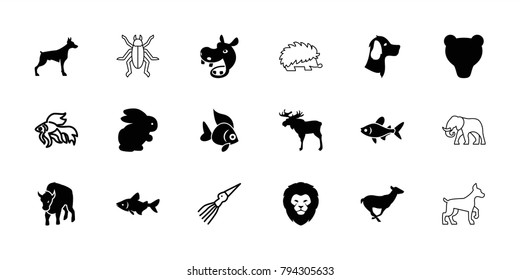 Wildlife icons. set of 18 editable filled and outline wildlife icons: rabbit, moose, lion, dog, fish, antelope, bear, extinct sea creature, hippopotamus, buffalo, hedgehog