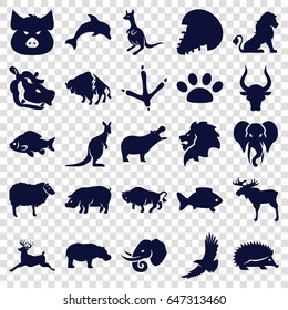 Wildlife icons set. set of 25 wildlife filled icons such as lion, moose, pig, hippopotamus, hedgehog, fish, footprint of  icobird, buffalo, eagle, sheep, kangaroo, bull, deer