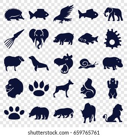 Wildlife icons set. set of 25 wildlife filled icons such as lion, hippopotamus, bear, eagle, hedgehog, dog, fish, elephant, sheep, pig, squirrel, buffalo, seal, snail, paw