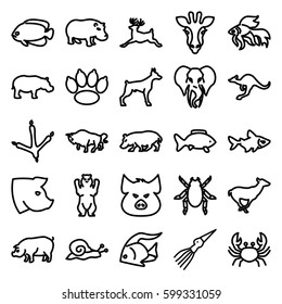 wildlife icons set. Set of 25 wildlife outline icons such as giraffe, fish, pig, dog, beetle, bear, footprint of  icobird, crab, buffalo, antelope, deer, cangaroo