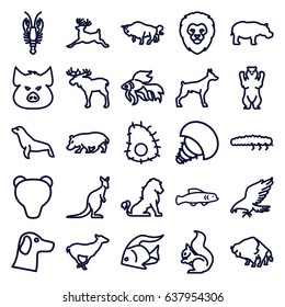 Wildlife icons set. set of 25 wildlife outline icons such as lion, moose, fish, pig, eagle, dog, bear, crab, buffalo, antelope, squirrel, deer, cangaroo, hippopotamus, seal