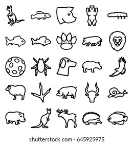 Wildlife icons set. set of 25 wildlife outline icons such as moose, lion, hedgehog, beetle, bear, footprint of  icobird, eagle, sheep, cangaroo, pig, bull, fish, hippopotamus