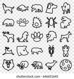 Wildlife icons set. set of 25 wildlife outline icons such as bear, lion, moose, dog, beetle, fish, crab, elephant, antelope, deer, wolf, pig, buffalo, hippopotamus, rabbit