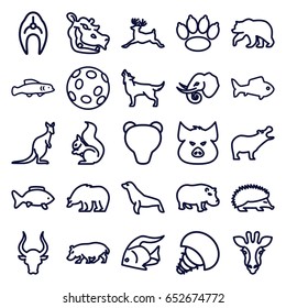 Wildlife icons set. set of 25 wildlife outline icons such as giraffe, fish, bear, pig, hippopotamus, hedgehog, squirrel, bull, deer, wolf, cangaroo, elephant, seal