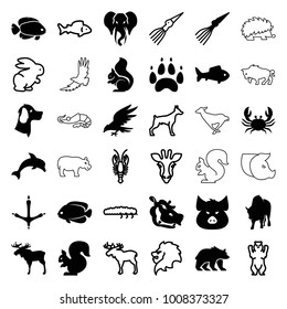 Wildlife icons. set of 36 editable filled and outline wildlife icons such as moose, pig, crab, squirrel, fish, buffalo, hippopotamus, elephant, dolphin, extinct sea creature