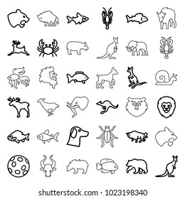 Wildlife icons. set of 36 editable outline wildlife icons such as fish, moose, bear, lion, panther, crab, buffalo, cangaroo, deer, wolf, extinct sea creature, dog, beetle