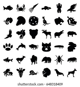Wildlife icons set. set of 36 wildlife filled icons such as rabbit, giraffe, moose, hippopotamus, lion, pig, bear, eagle, dog, beetle, panther, fish, crab, buffalo, antelope
