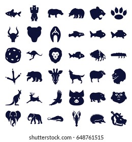 Wildlife icons set. set of 36 wildlife filled icons such as fish, bear, giraffe, lion, pig, alligator, hedgehog, panther 
