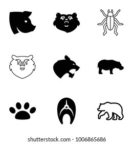 Wildlife icons. set of 9 editable filled and outline wildlife icons such as bear, pig, hippopotamus, paw, fish, panther