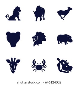Wildlife icons set. set of 9 wildlife filled icons such as giraffe, lion, crab, antelope, hippopotamus, buffalo