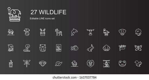 wildlife icons set. Collection of wildlife with animals, lion, elephant, snail, monkey, dragonfly, snake, seashell, rabbit, fish, dinosaur. Editable and scalable wildlife icons.