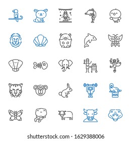 wildlife icons set. Collection of wildlife with crocodile, minotaur, ox, frog, butterfly, walrus, monkey, rabbit, tiger, fish, elephant. Editable and scalable wildlife icons.