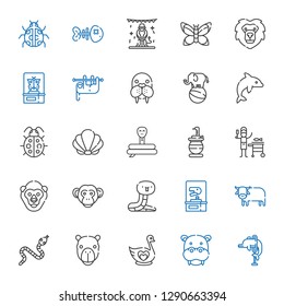 wildlife icons set. Collection of wildlife with dolphin, hippopotamus, swan, camel, snake, ox, dinosaur, monkey, gorilla, fish, seashell. Editable and scalable wildlife icons.