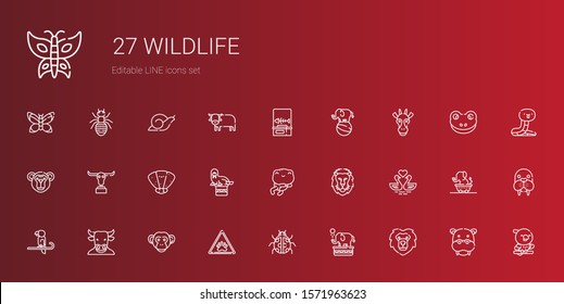 wildlife icons set. Collection of wildlife with lion, elephant, ladybug, paw, monkey, minotaur, parrot, swans, frog, walrus, seashell, buffalo. Editable and scalable wildlife icons.