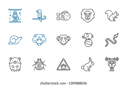 wildlife icons set. Collection of wildlife with monkey, rabbit, paw, ladybug, hamster, snake, elephant, crocodile, snail, squirrel, lion. Editable and scalable wildlife icons.