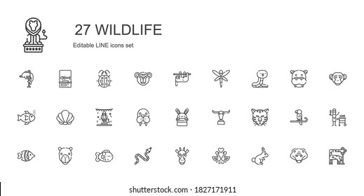 wildlife icons set. Collection of wildlife with rabbit, swans, giraffe, snake, fish, camel, tiger, buffalo, bunny, walrus, animals, seashell. Editable and scalable wildlife icons.