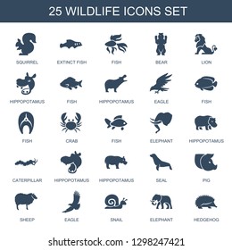 wildlife icons. Trendy 25 wildlife icons. Contain icons such as squirrel, extinct fish, fish, bear, lion, hippopotamus, eagle, crab, elephant. wildlife icon for web and mobile.