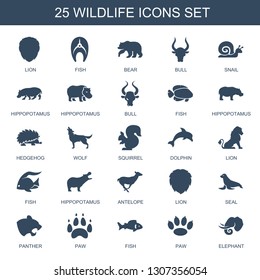 wildlife icons. Trendy 25 wildlife icons. Contain icons such as lion, fish, bear, bull, snail, hippopotamus, hedgehog, wolf, squirrel, dolphin. wildlife icon for web and mobile.