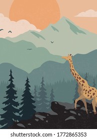 Wildlife Illustration Artistic illustration with giraffe and mountains. Landscape, sun and birds