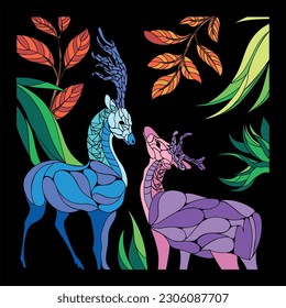 Wildlife illustration for colouring book. Wild animals, deer drawing. Art for print in bright colours 